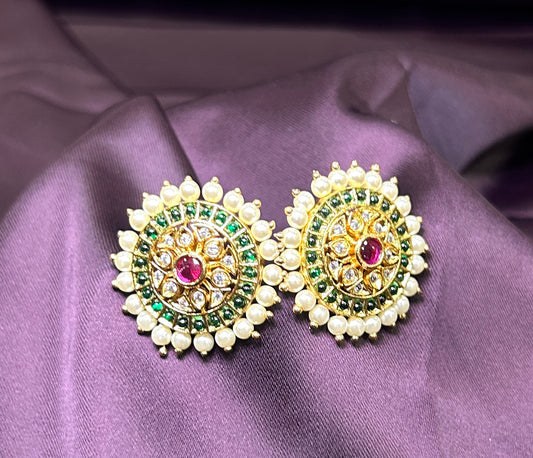 Royal Emerald & Pearl Stud Earrings