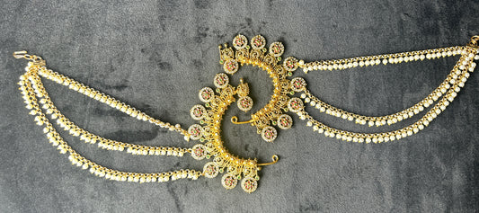 Temple Style Ear Cuffs with Triple Pearl Chains – Floral Motif Design