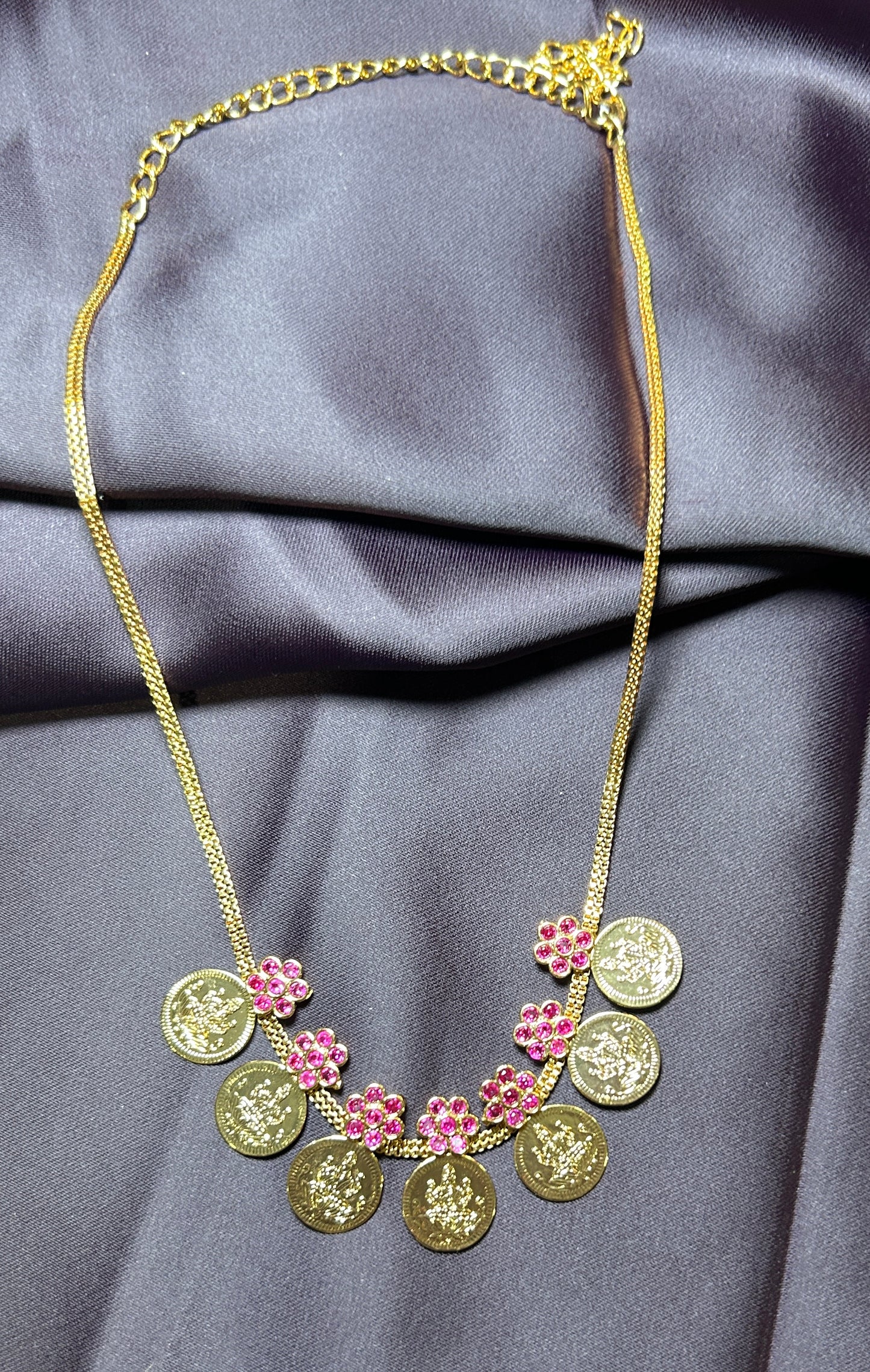 Lakshmi Coin Necklace with Pink Floral Accents