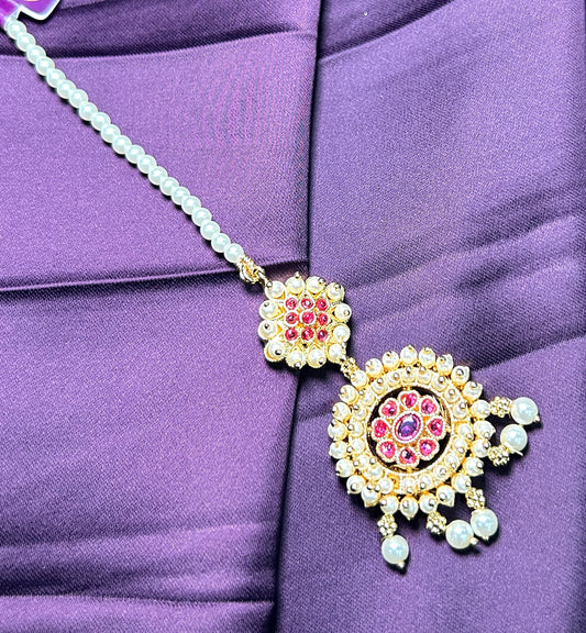 Dual Floral Ruby & Pearl Maang Tikka