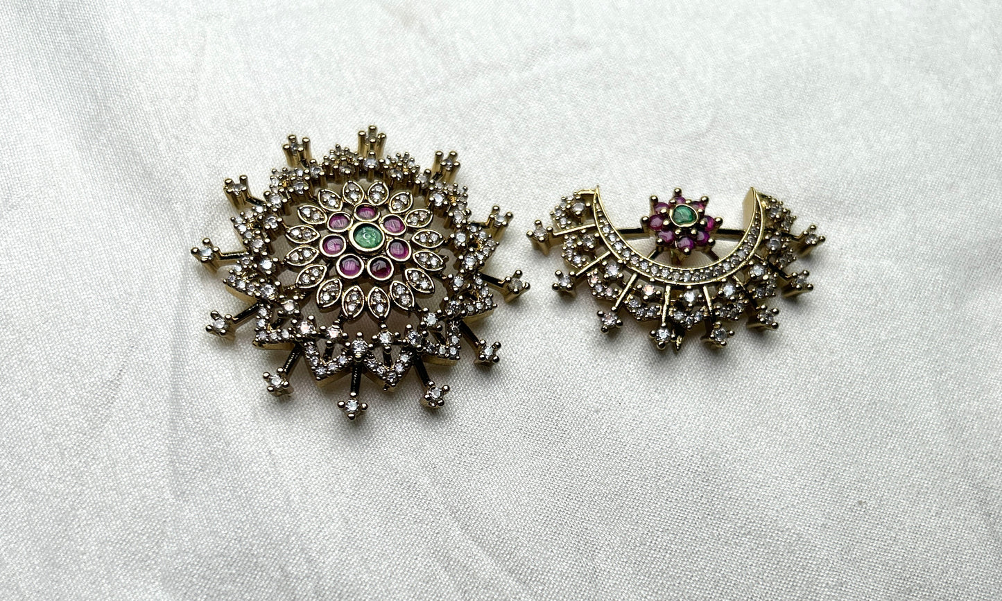South Indian Surya & Chandra Hair Brooch Set