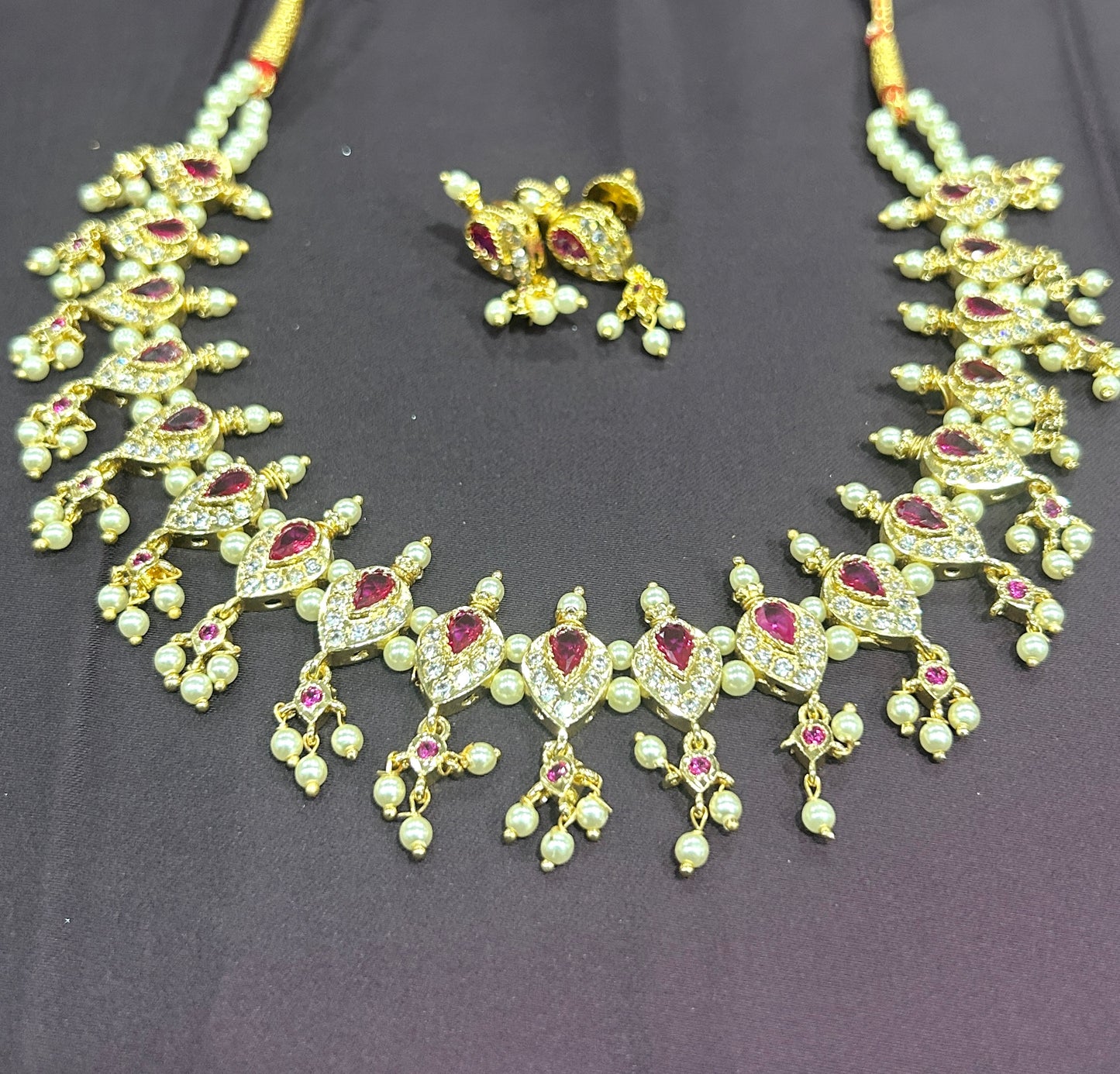 Pearl & Ruby Stone Bridal Necklace Set