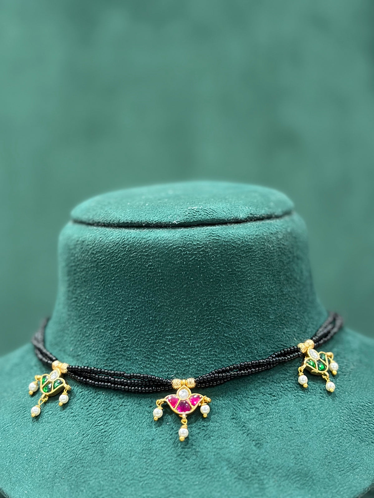 Pink & Green Paachi Kundan Black Beaded Necklace with Triple Pendants