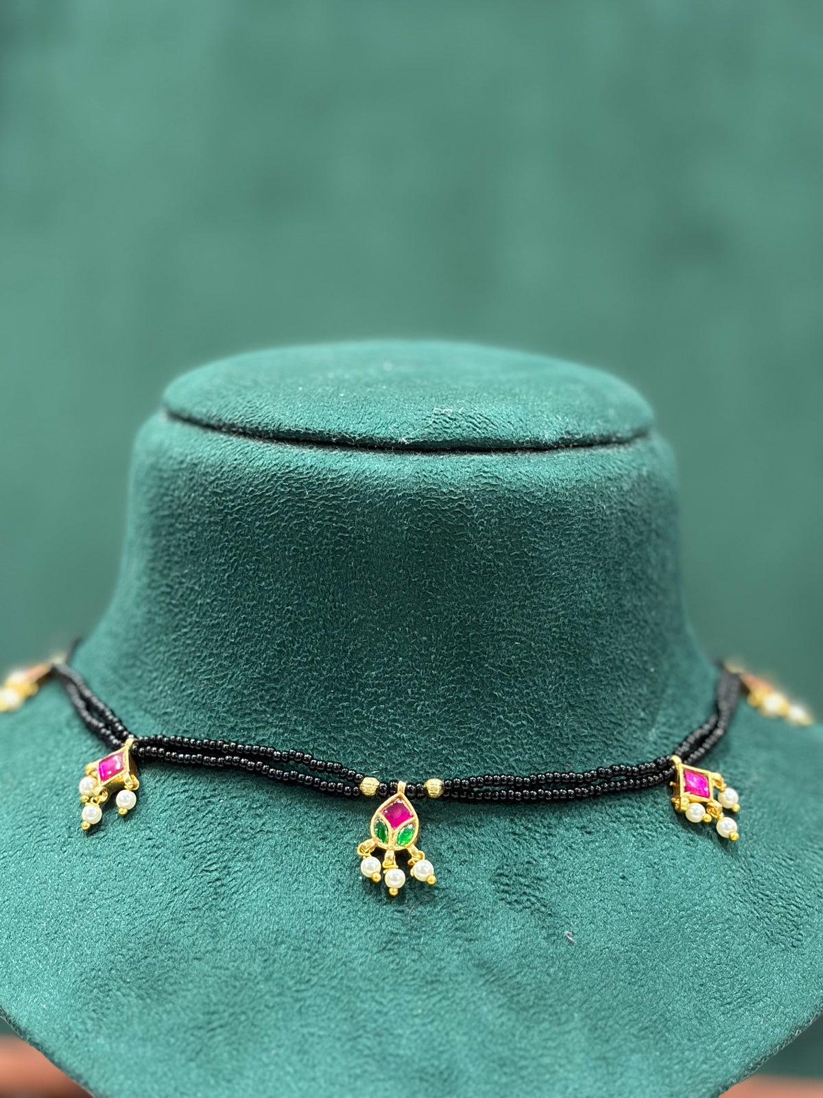 Pink & Green Paachi Kundan Black Beaded Necklace with Pearl Drops