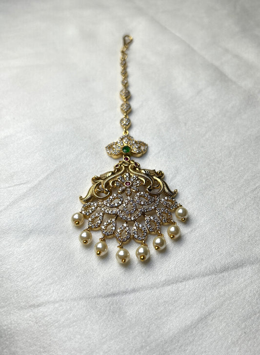Victorian CZ Maang Tikka with Pearl Drops