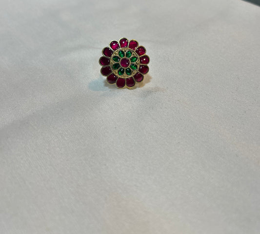 Ruby–Emerald Floral Kundan Statement Ring