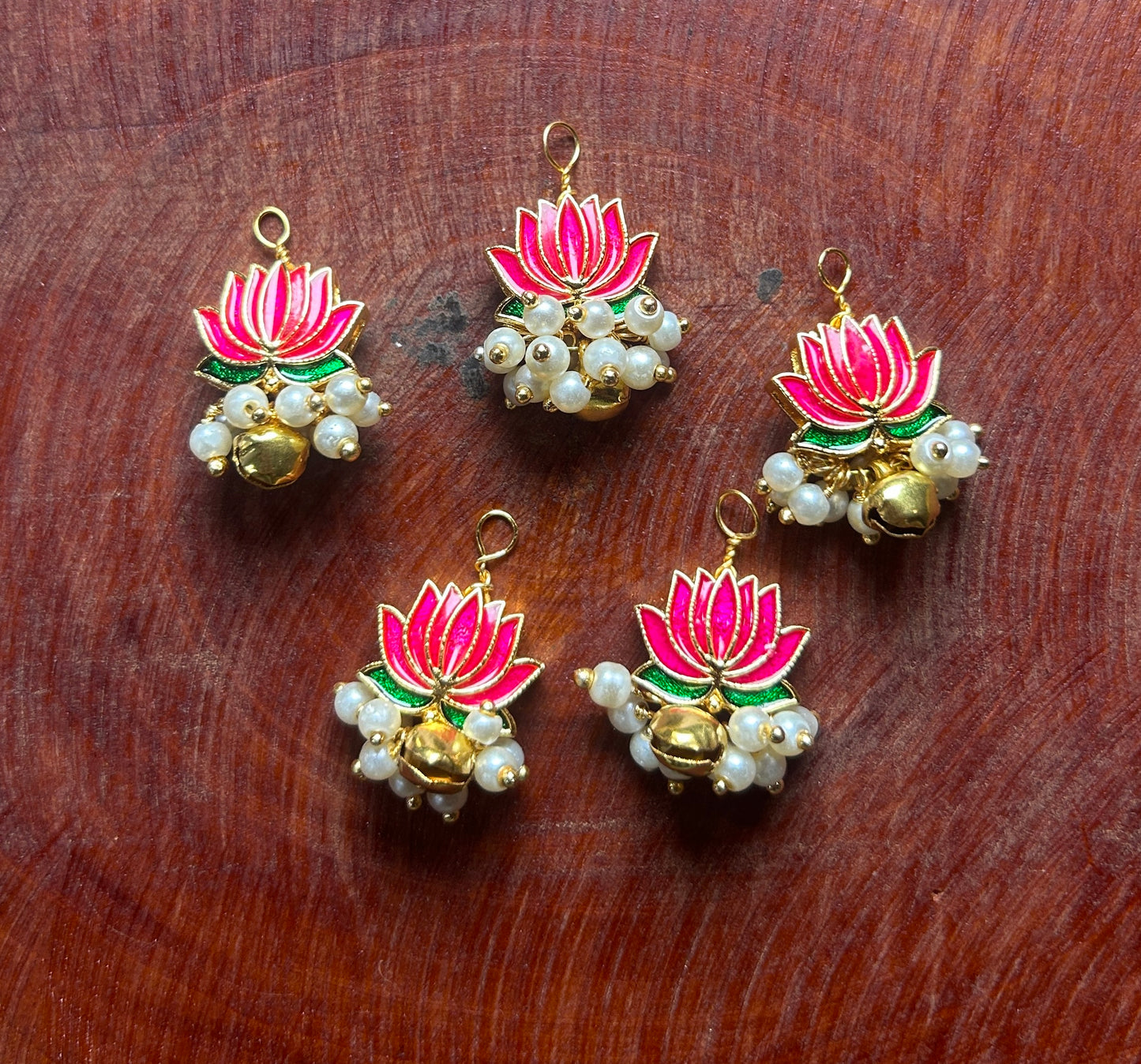 Pink Lotus Hair Accessory with White Pearls & Golden Ghungroo