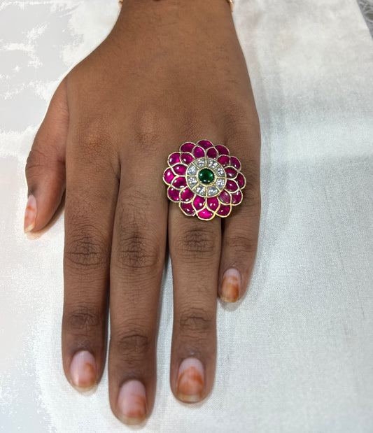 Royal Ruby–Emerald Kundan Floral Ring