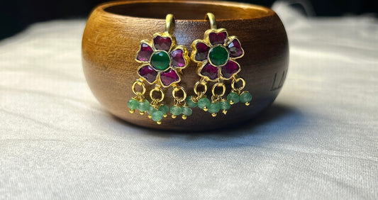 Floral Kundan Bugdi Earrings with Green Bead Danglers