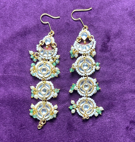 Pastel Kundan Dangler Earrings with Pearl & Mint Bead Drops