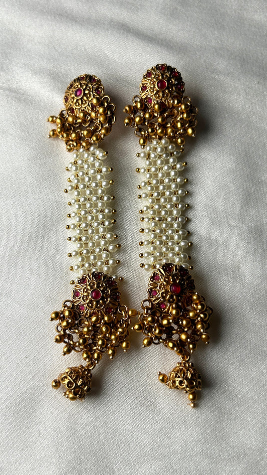 Traditional Pakke Long Earrings with Pearls & Kemp Work