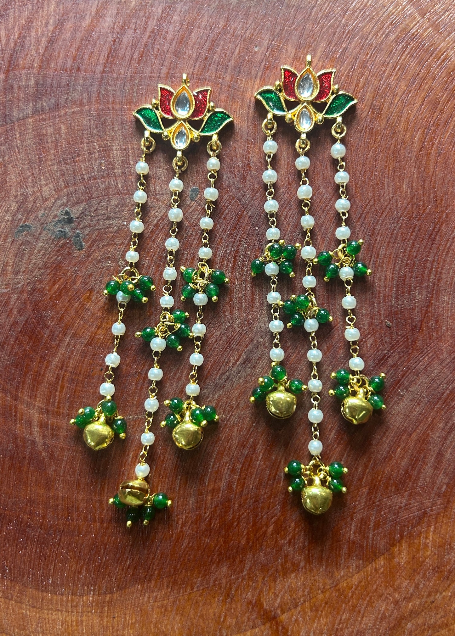 Lotus Long Hair Accessory with Pearl Chains, Green Beads & Ghungroo