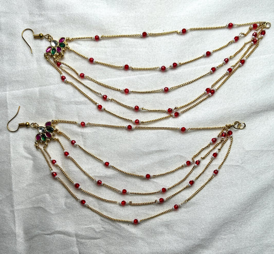 Multi-Layer Red Beaded Kana Chains with Hook Earrings