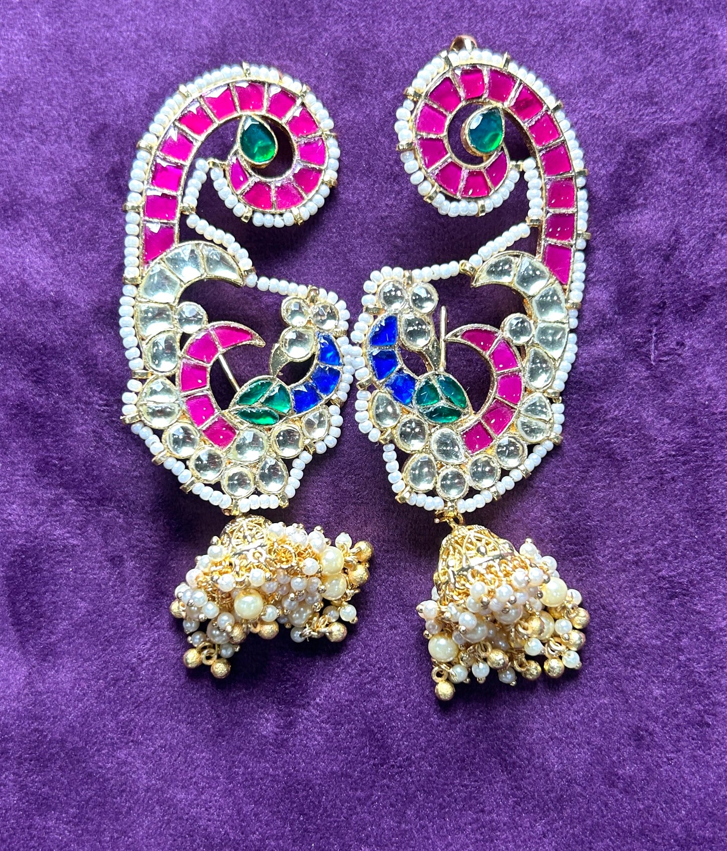 Colorful Peacock Design Ear Cuff with Pearl Jhumka Drop