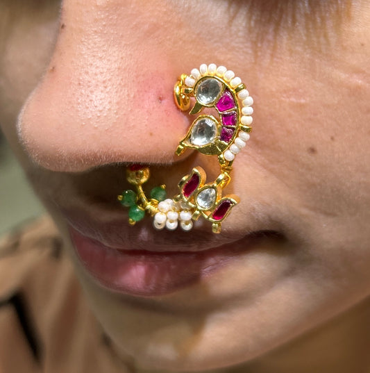 Pink Kundan Pearl Maharashtrian Nath with Green Bead Detailing