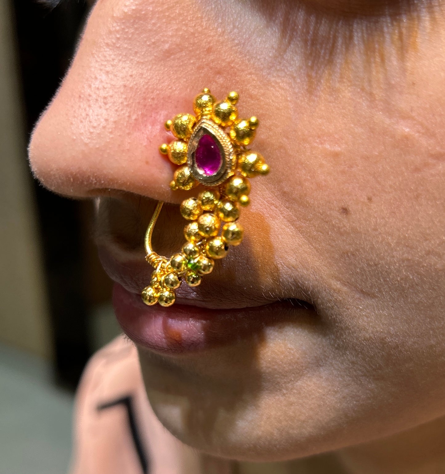 Gold Ball Cluster Maharashtrian Nath with Pink Stone
