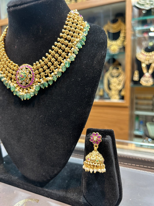 Emerald-Ruby Kundan Maharashtrian Hasli Set