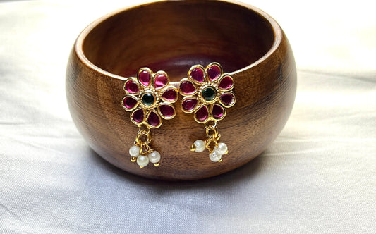 Pink Floral Kundan Bugdi with Pearl Drops