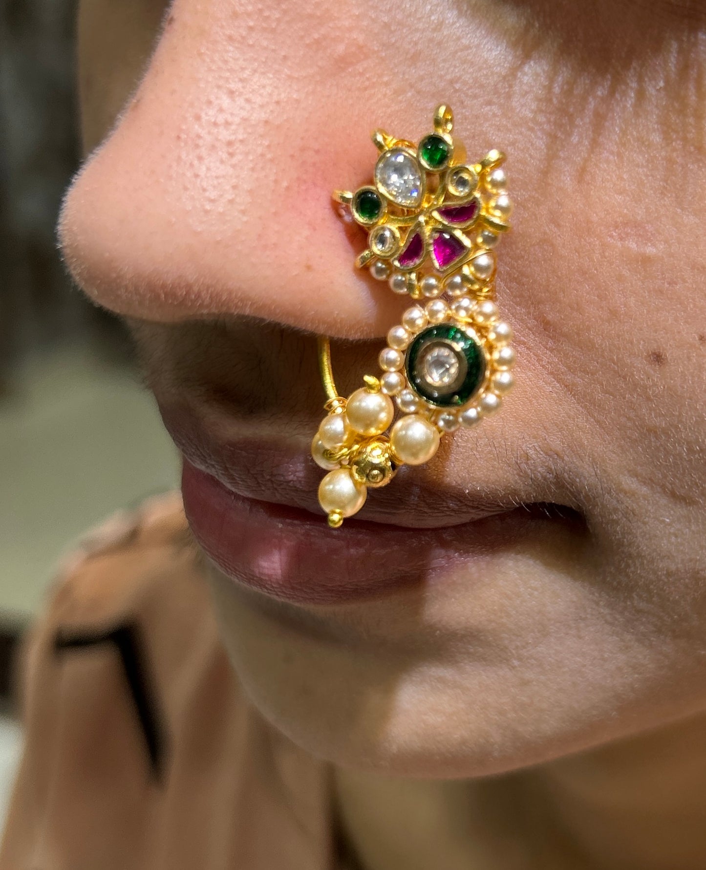 Traditional Kundan Nath with Pearl Latkan