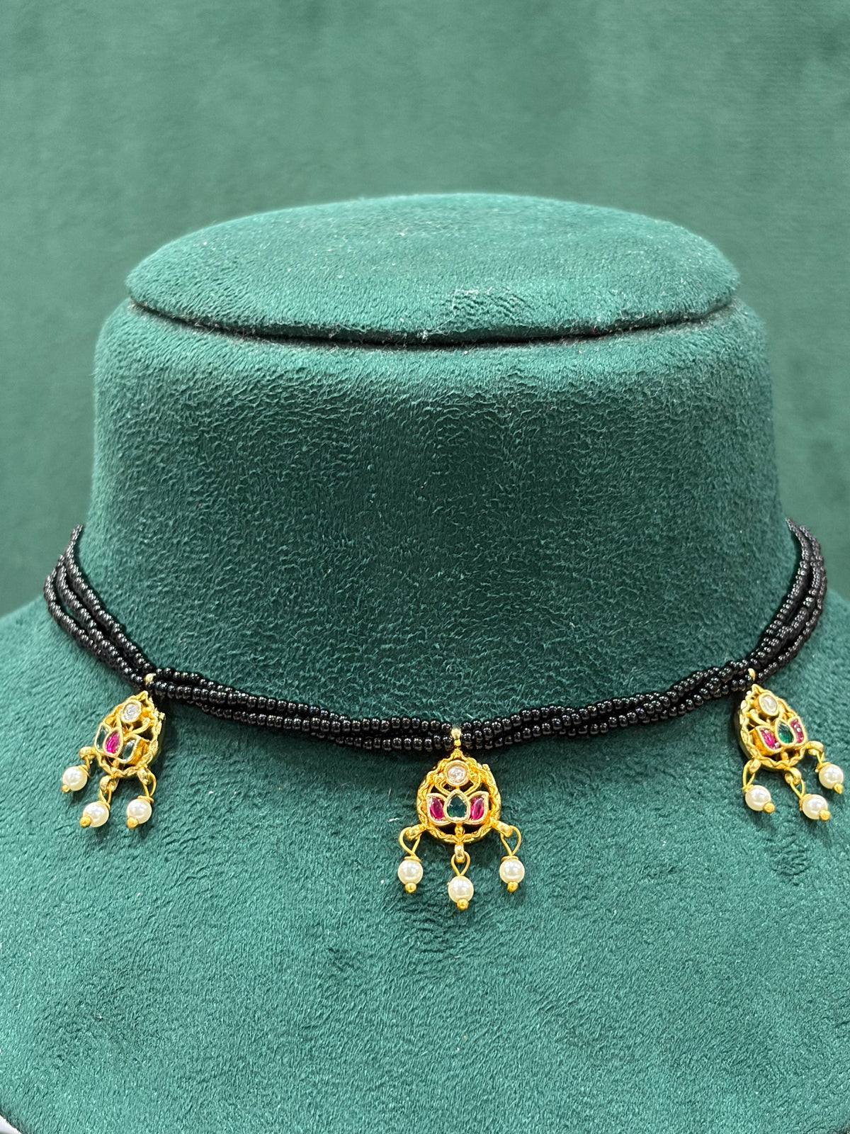 Pink & Green Paachi Kundan Black Beaded Necklace with Triple Pendants