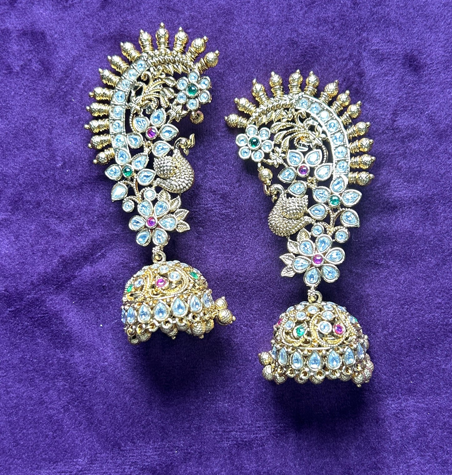 Grand Peacock Design Ear Cuff with Kundan Jhumka Drops