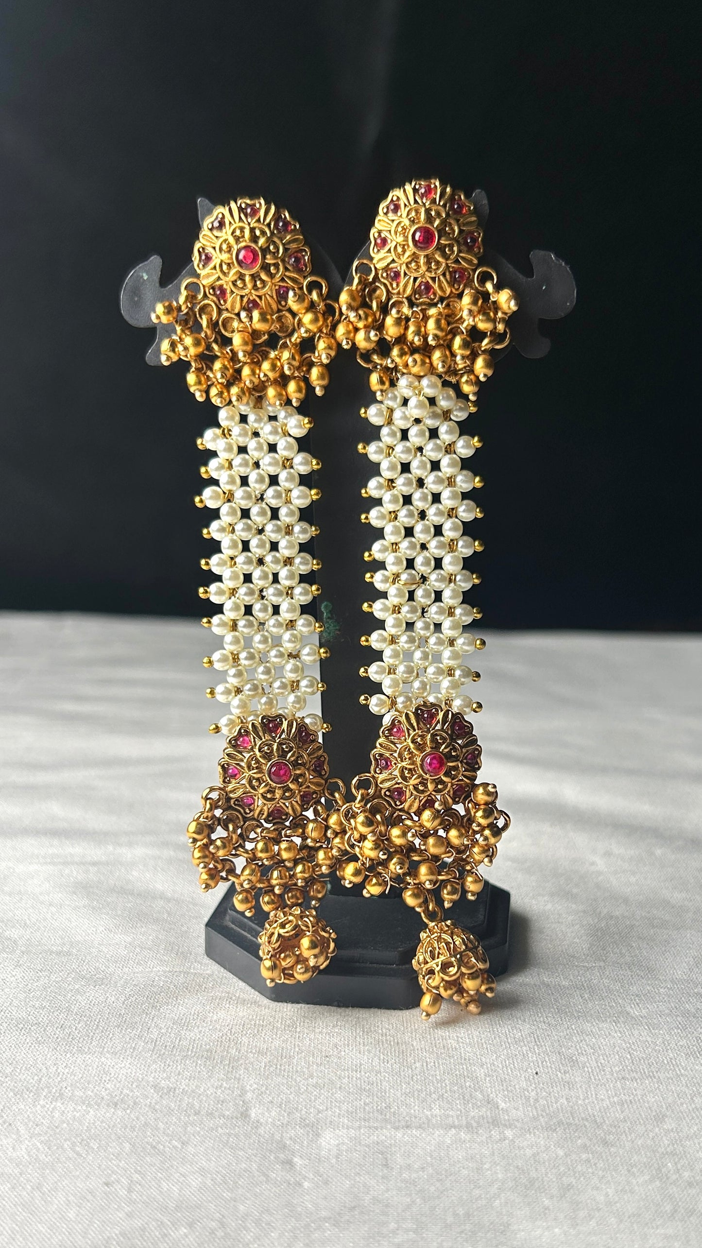 Traditional Pakke Long Earrings with Pearls & Kemp Work