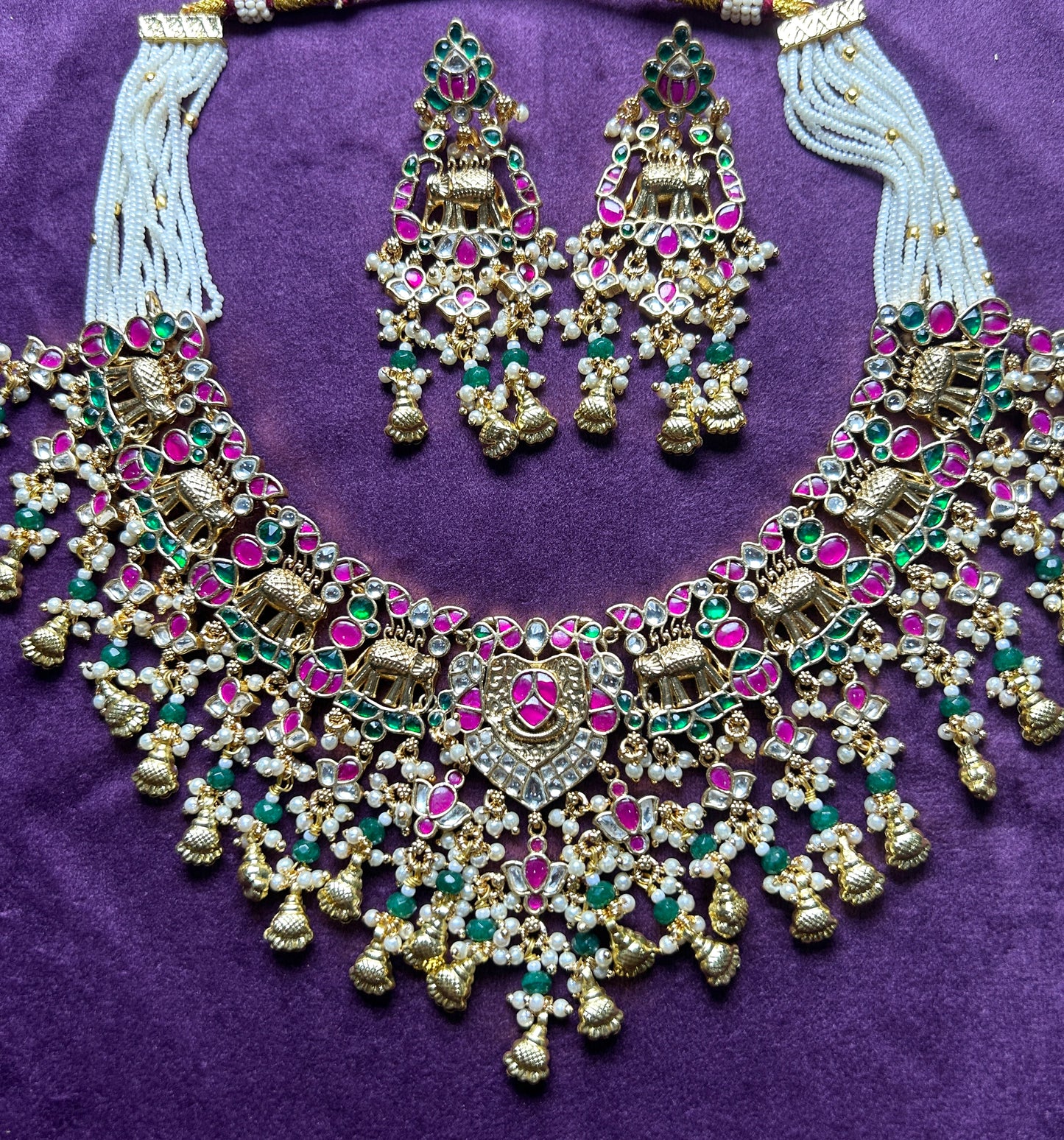 Grand Pachikundan Bridal Necklace Set with Temple Chariot Motifs