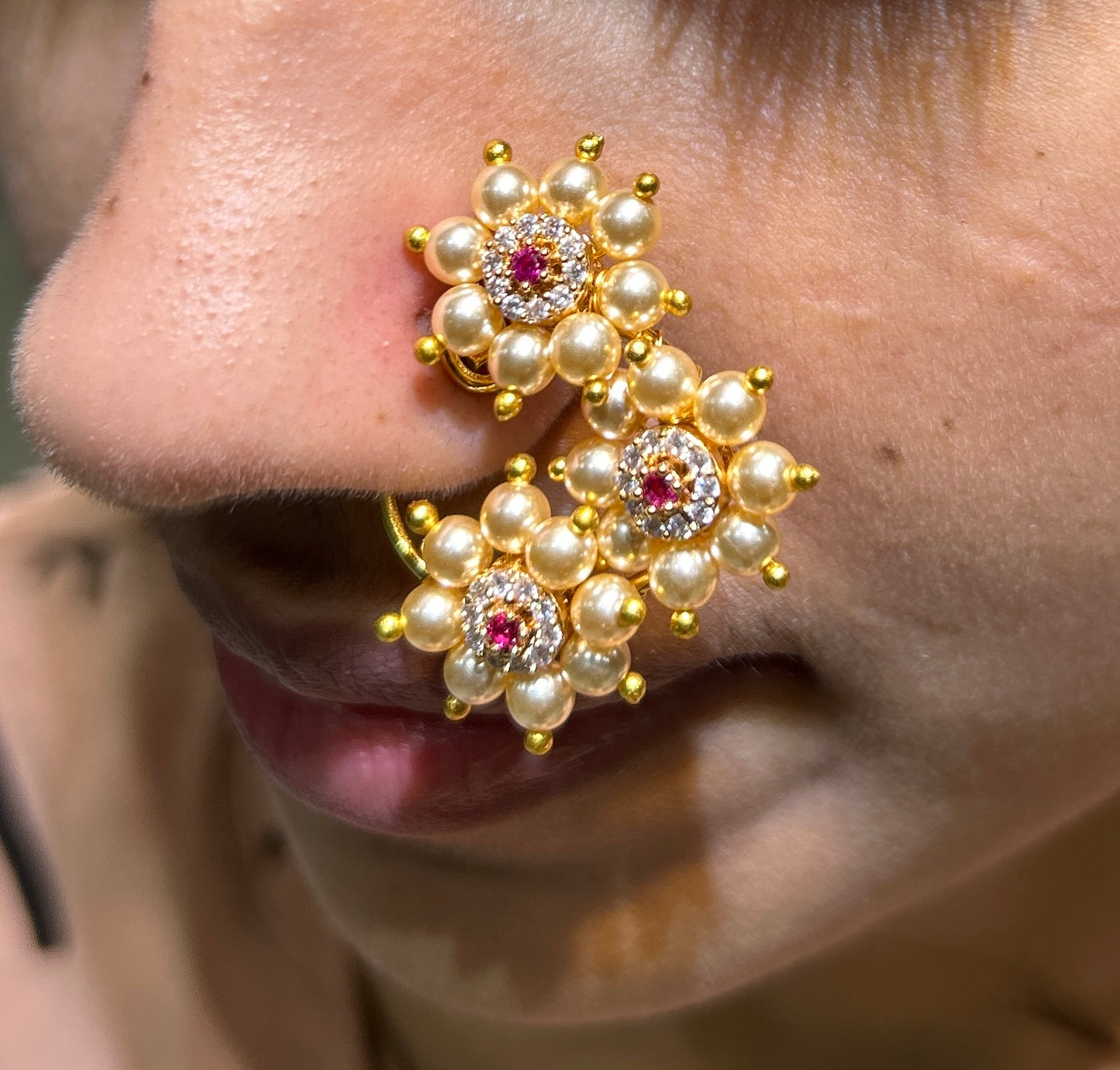 Pearl Cluster Maharashtrian Nath with Ruby Accent