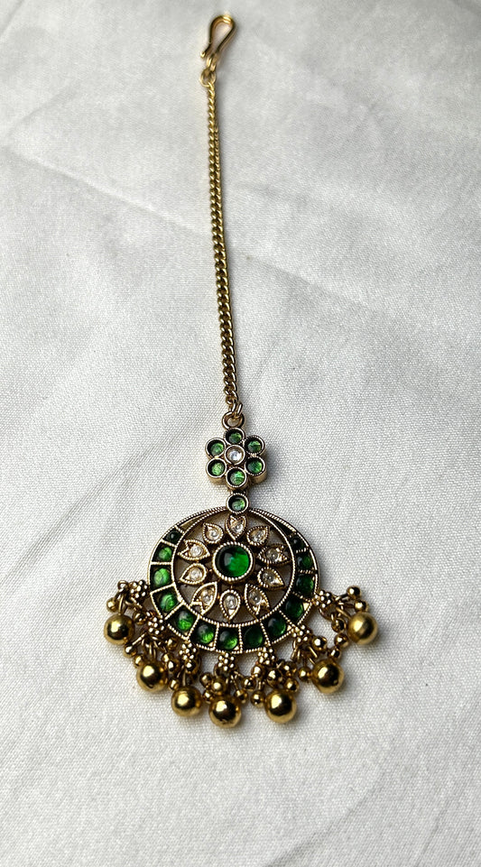 Green Kundan Floral Maang Tikka with Golden Ghungroos