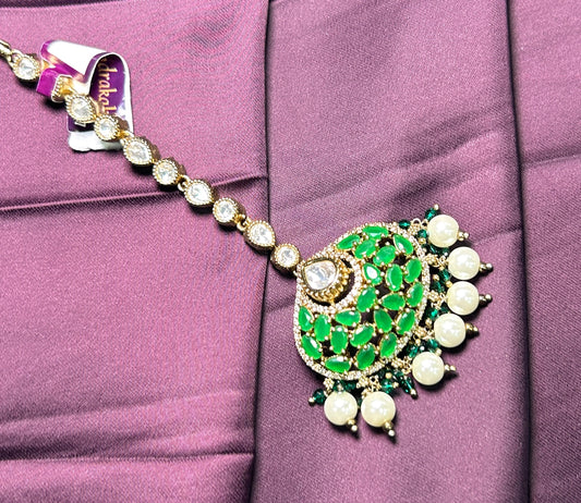 Royal Green Kundan & Pearl Maang Tikka