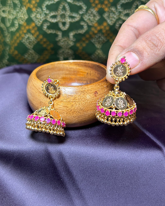Temple Coin Jhumka Earrings with Pink Stones