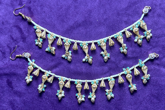 Elegant Aqua Blue & Pearl Beaded Kaanchain (Ear Chains) Pair