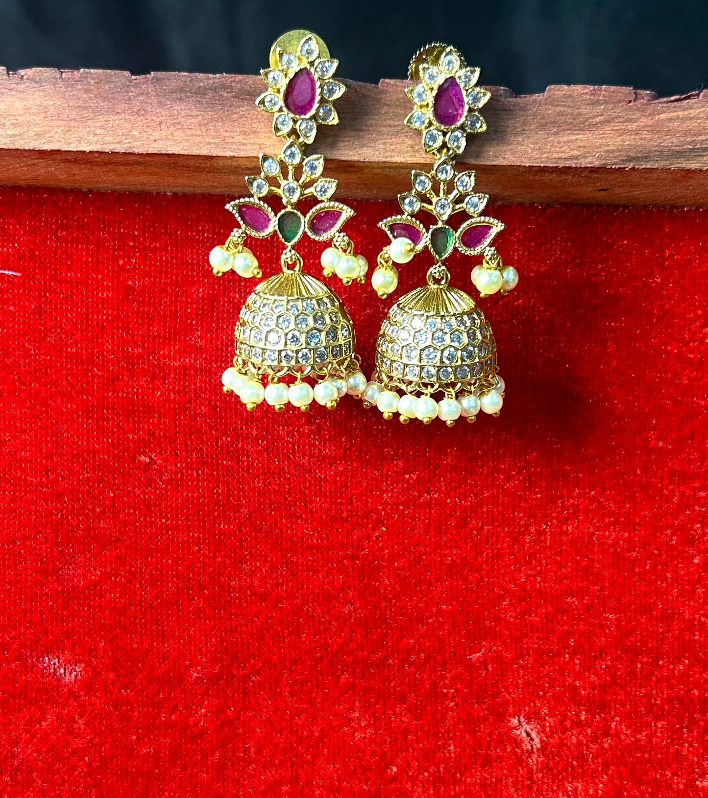Floral Ruby & Stone Jhumka Earrings with Pearls