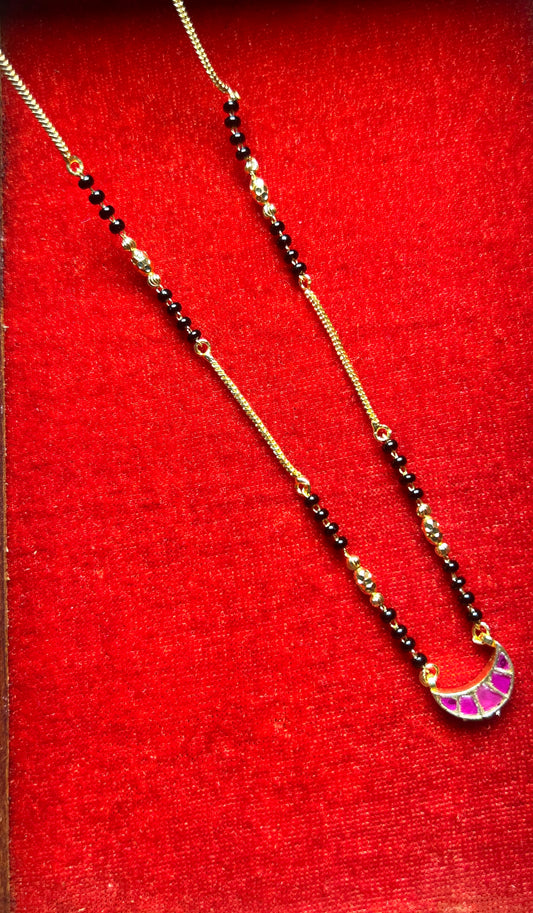 Short Mangalsutra with Pink Meena Crescent Pendant