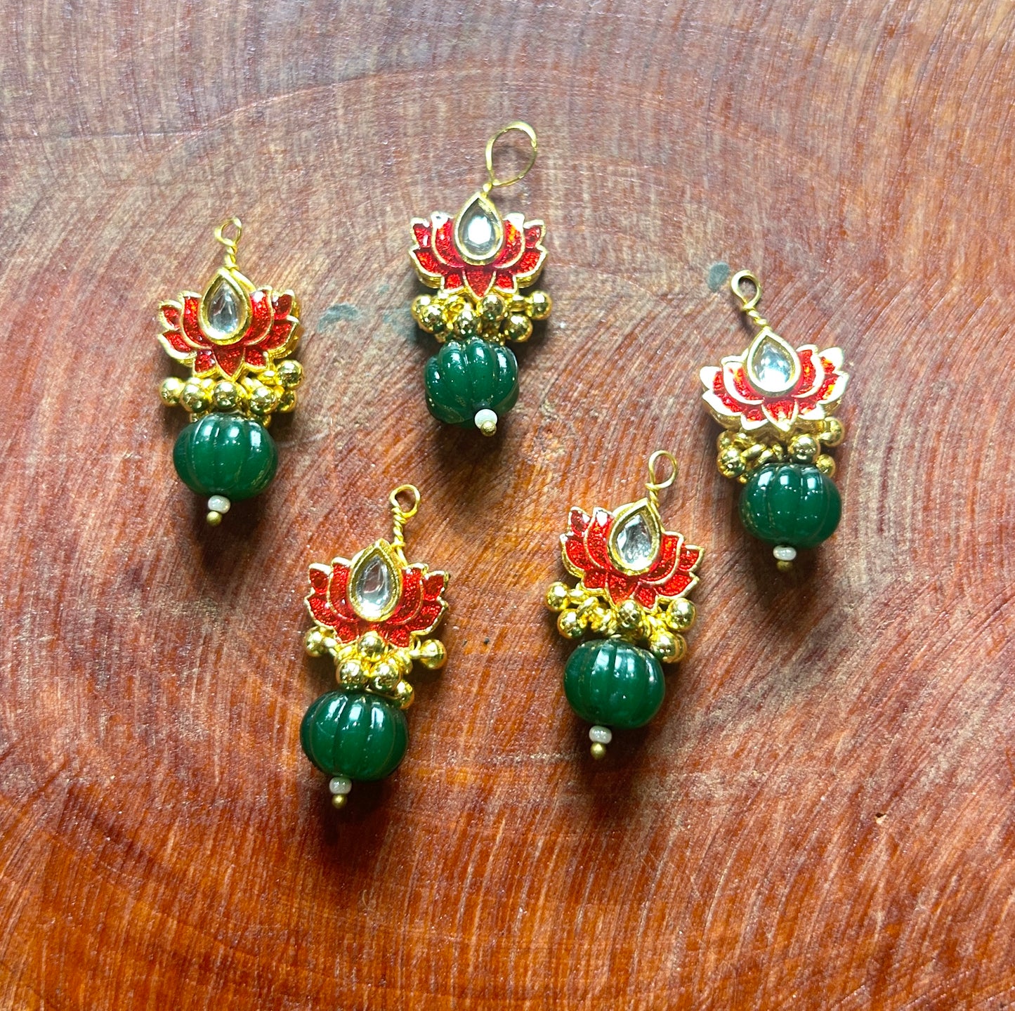 Red Lotus with Green Bead Drop Hair Accessory – Kundan & Ghungroo Design