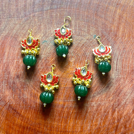 Red Lotus with Green Bead Drop Hair Accessory – Kundan & Ghungroo Design