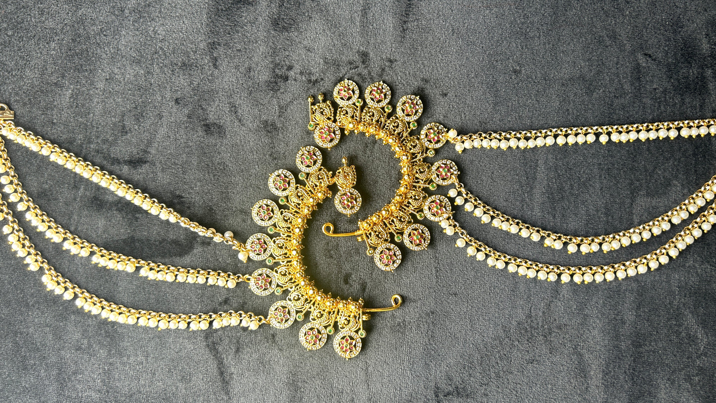 Temple Style Ear Cuffs with Triple Pearl Chains – Floral Motif Design