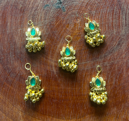 Lotus Charm Hair Accessory with Green Stone & Golden Beads