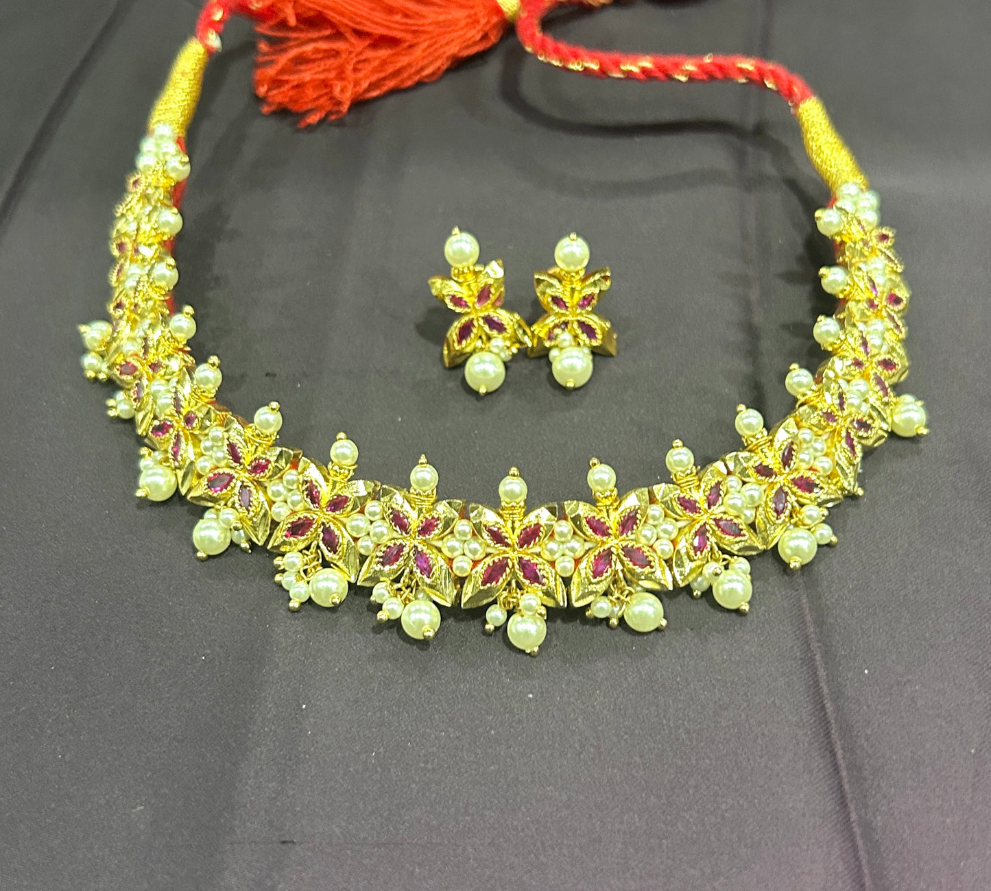 Ruby & Pearl Floral Choker Set