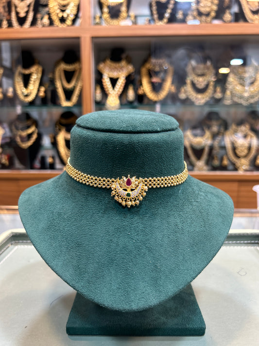 Traditional Gold-Finish Choker with Ruby & Emerald Accents