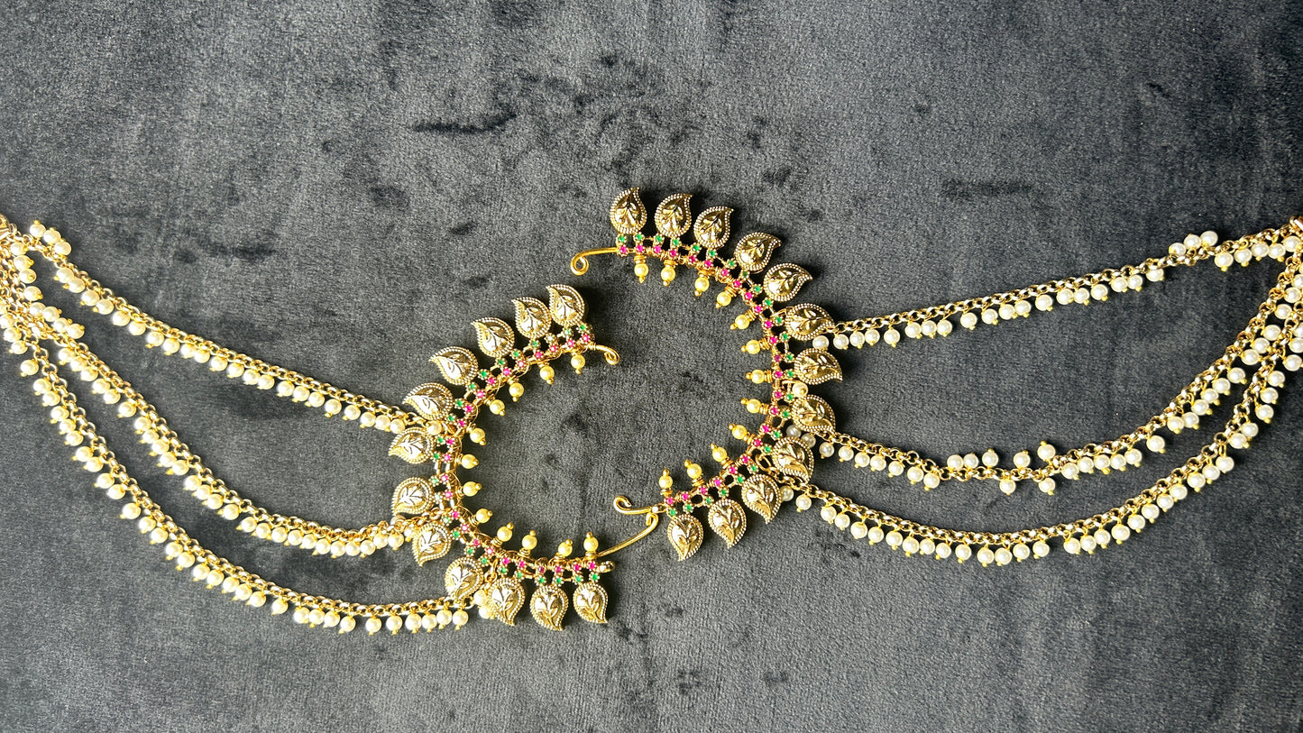 Antique Leaf Motif Ear Cuffs with Pearl Chains – Festive Heritage Design