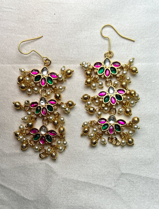 Triple Lotus Tier Earrings with Pearl & Ball Danglers