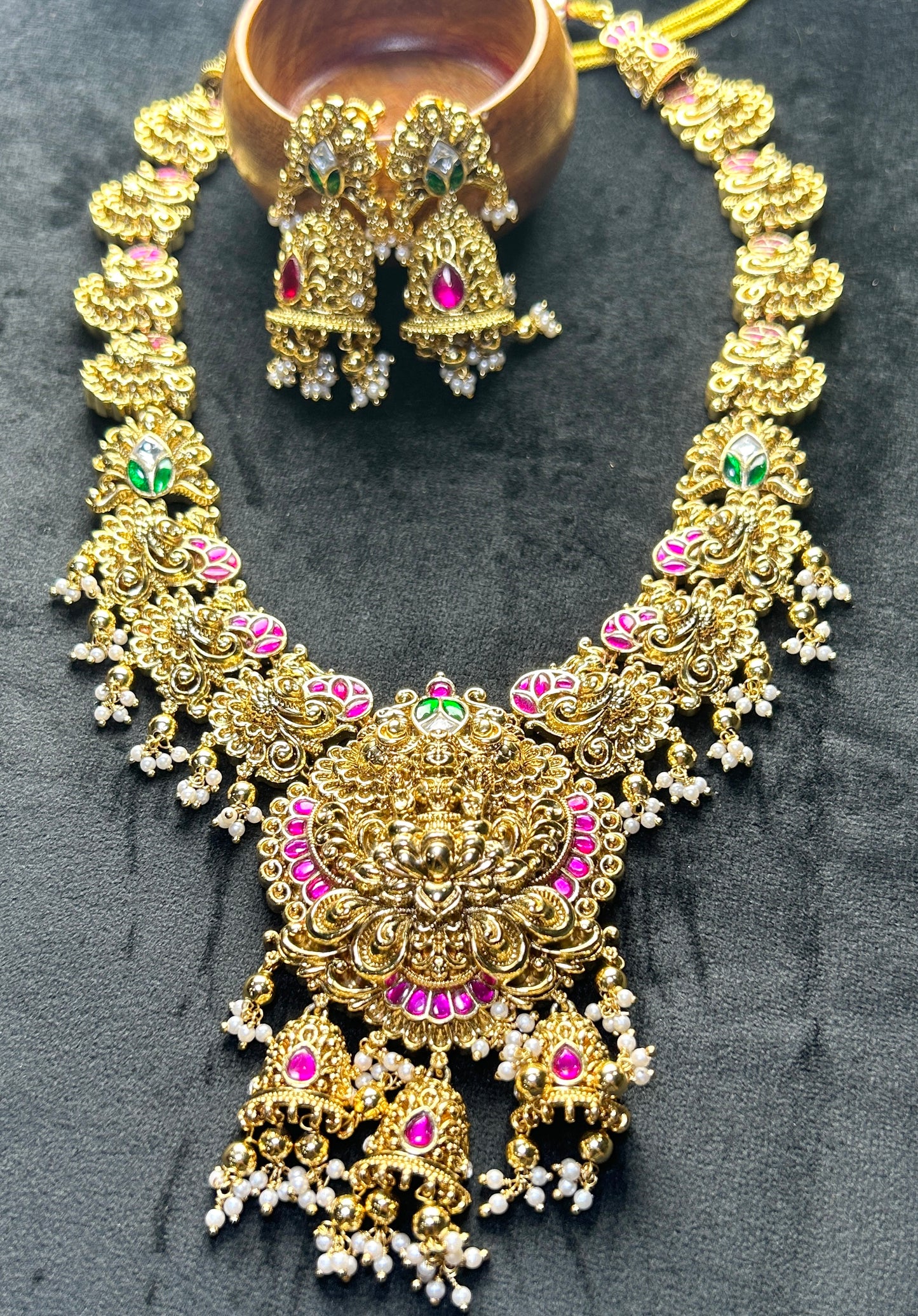 Temple Jhumka Pendant Long Necklace Set