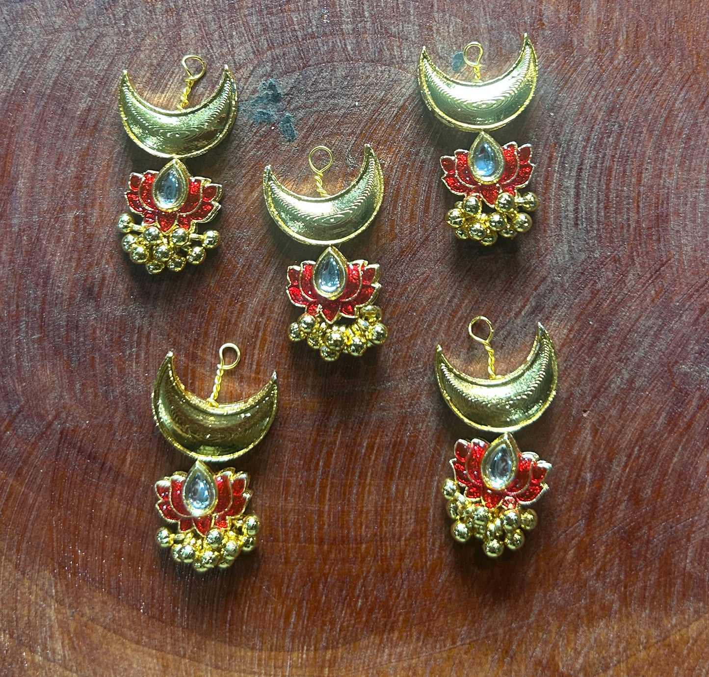 Red Lotus with Crescent Moon Hair Accessory – Kundan & Ghungroo Design