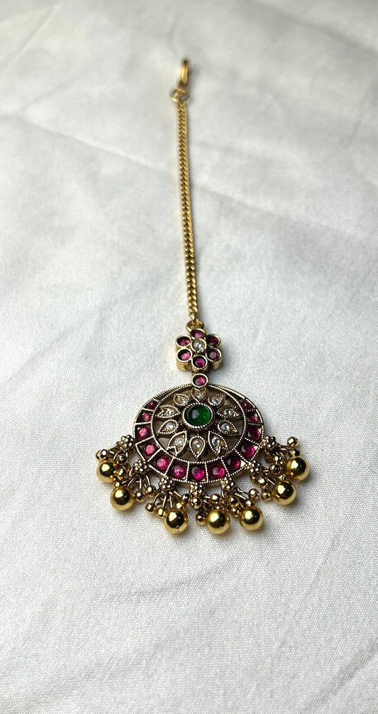 Floral Kundan Maang Tikka with Green Center & Golden Ghungroo