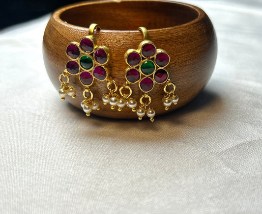 Floral Pachi Kundan Earrings with Pearl Drops