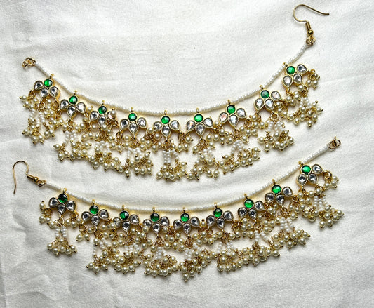 Green-White Kundan Kana Chains with Pearl Jhumki Cluster