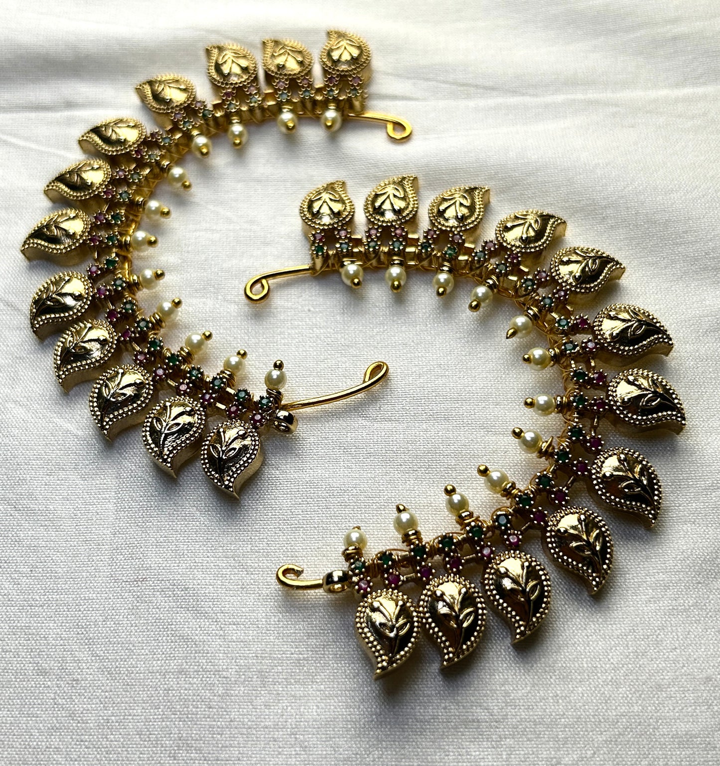 Pearl-Embellished Leaf Motif Ear Cuffs – Antique Finish