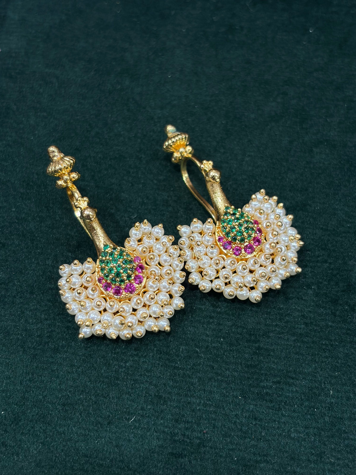 Traditional Gold-Plated Pearl Bugadi – Green & Pink