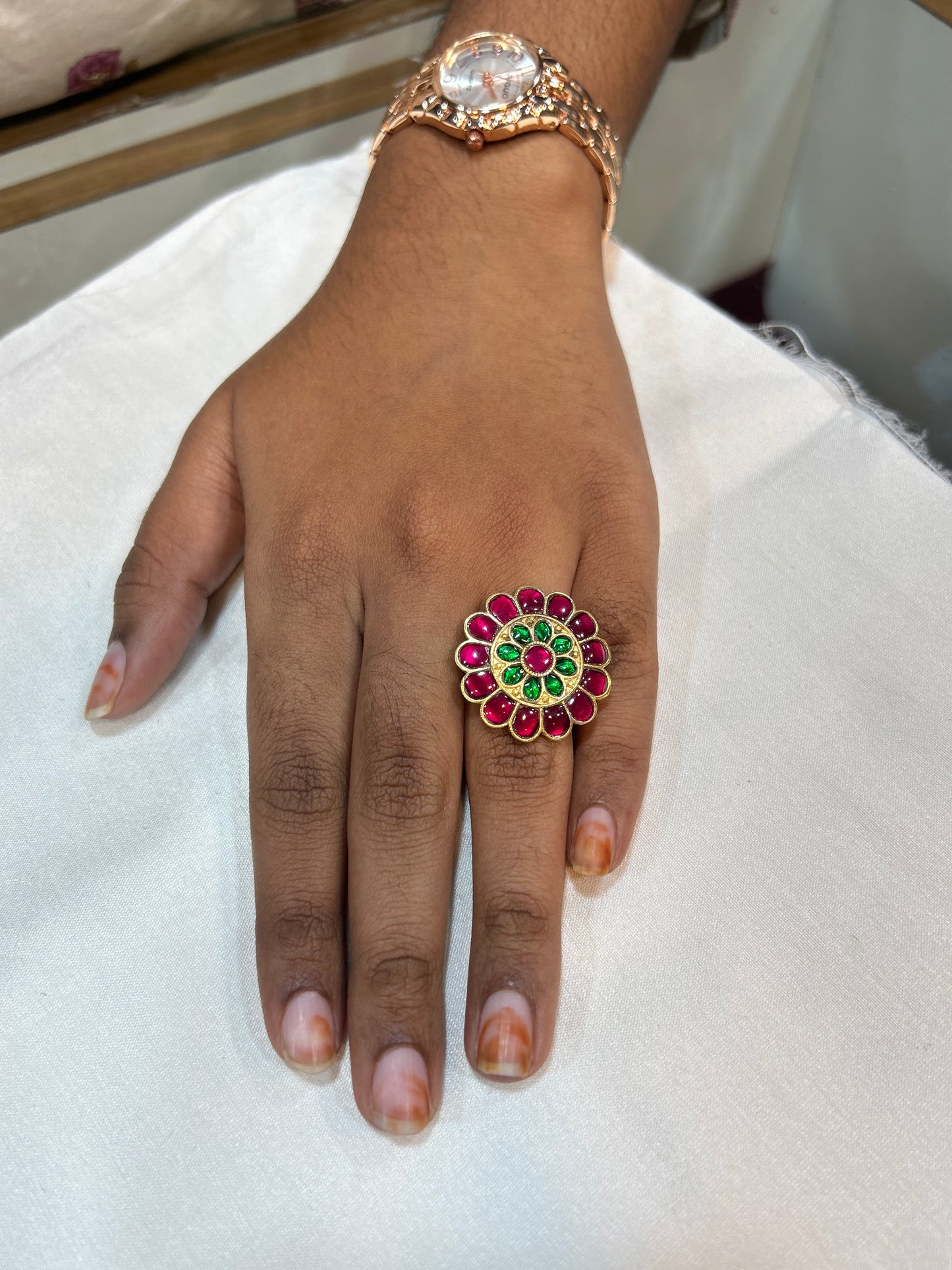 Ruby–Emerald Floral Kundan Statement Ring